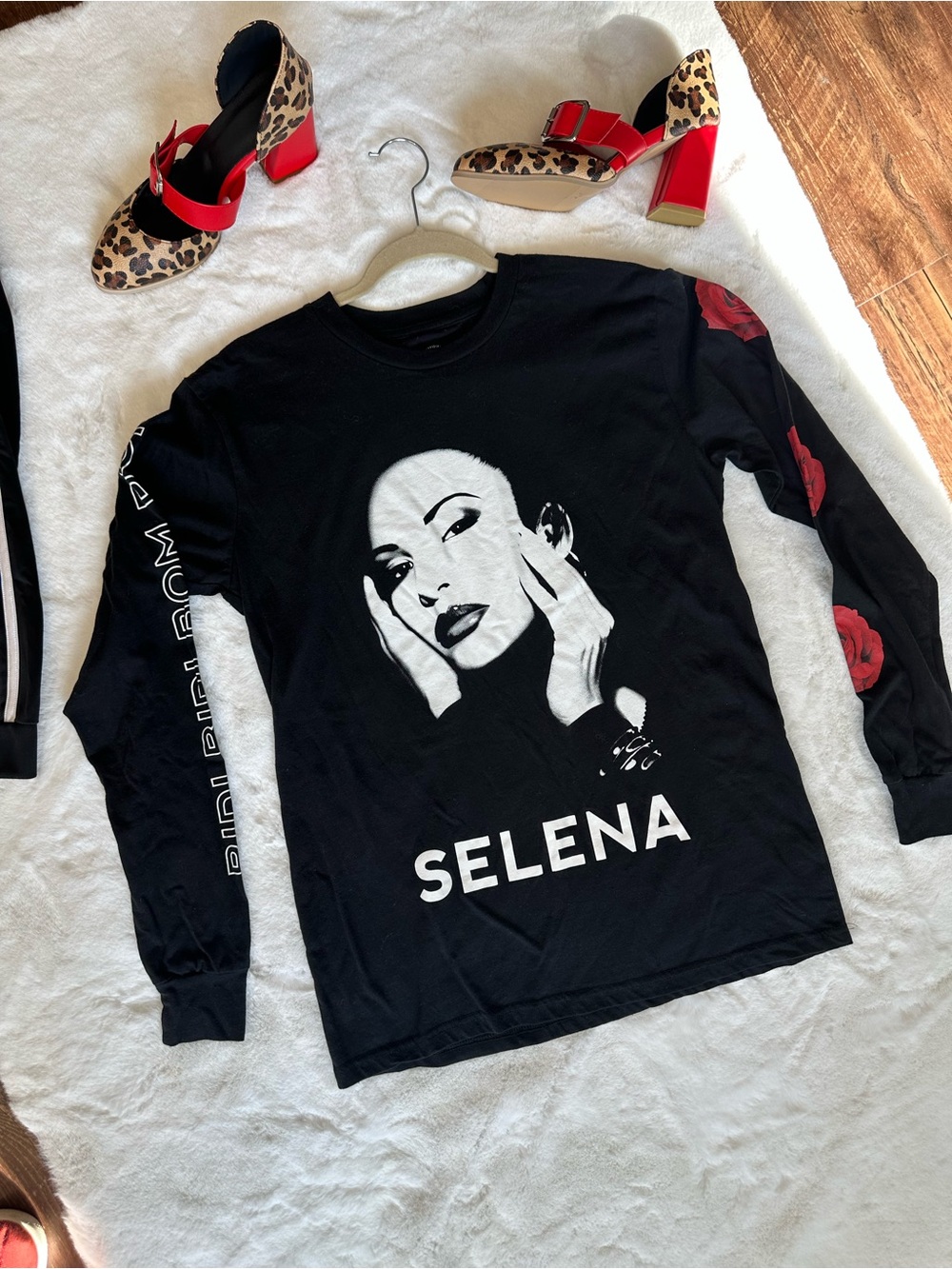 Selena Black Long-Sleeve Graphic Tee with Red Rose Accents